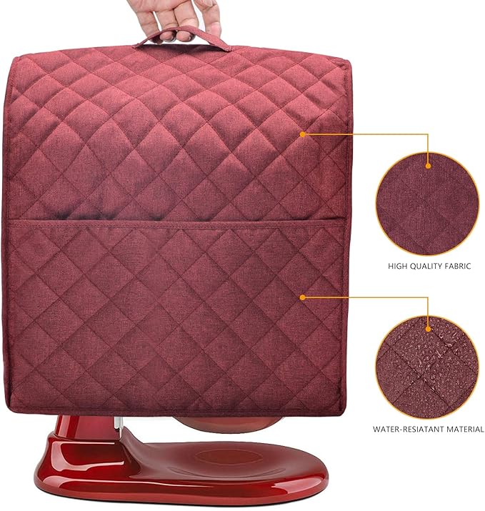 Stand Mixer Dust Cover with 3 Pockets Compatible with KitchenAid Tilt Head, Easy Cleaning,Waterproof,Can Ironable (Red Wine, Fits for 4.5-Quart and All 5-Quart)