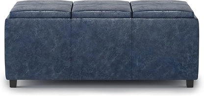 SIMPLIHOME Avalon 42 inch Wide Contemporary Rectangle Storage Ottoman in Denim Blue Vegan Faux Leather, Assembled, for the Living Room, Entryway and Family Room