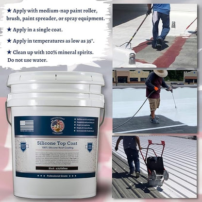 Countryman Coatings 100% Silicone Roof Coating - Restore Your Roof in a Day - Seal Leaks, Cracks, Seams, Penetrations - Adheres to All Surfaces (4.75 Gallon, Black)