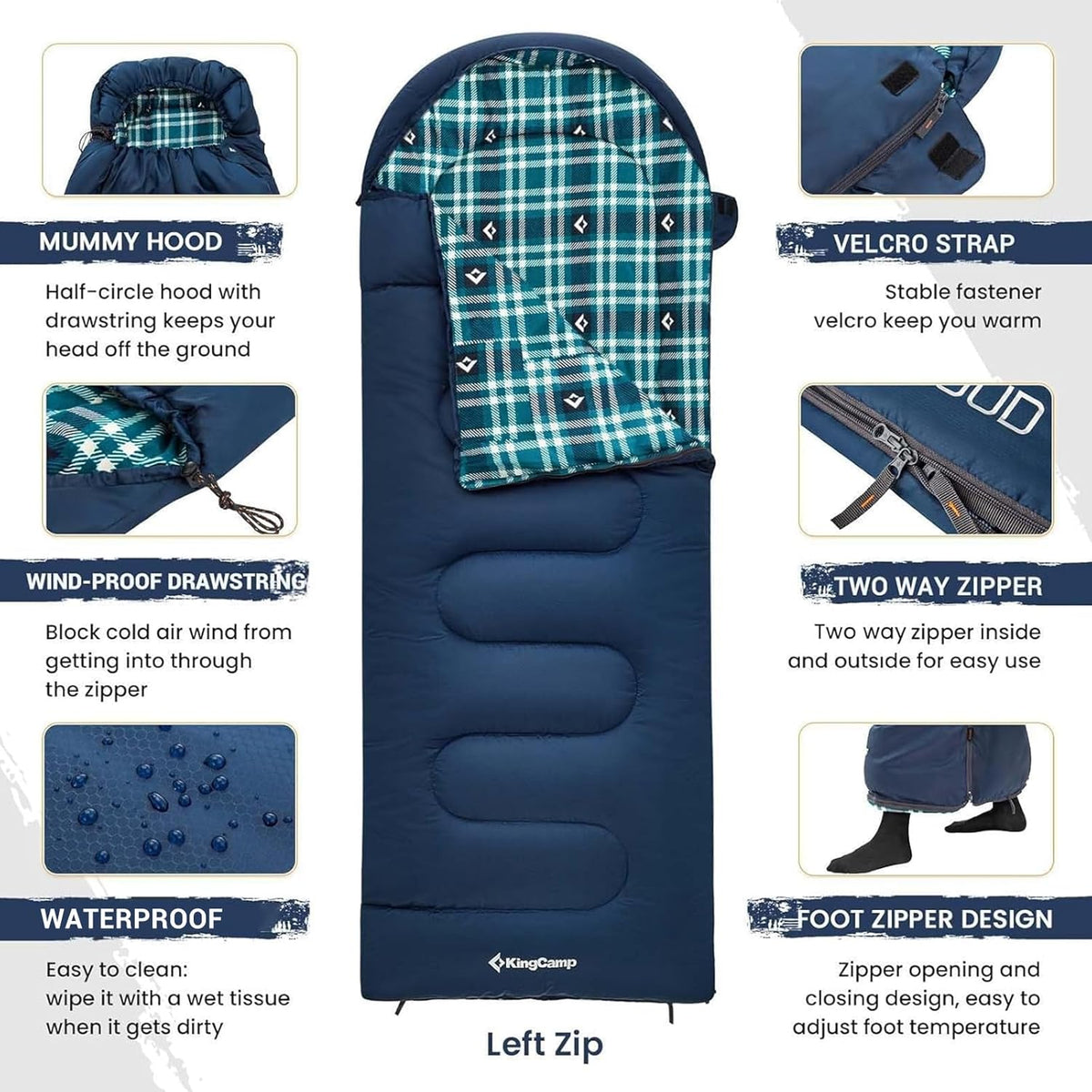 KingCamp Sleeping Bag for Adults, Cold Weather & Warm XL Big and Tall Flannel Sleeping Bags with Compression Sack Portable Waterproof Essentials Gear Accessories for Outdoor Camping