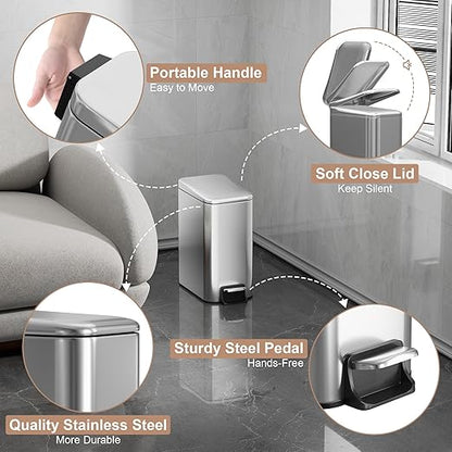 Small Trash Can with Lid Soft-Close, 6 L/1.6 Gal Bathroom Garbage Can with Removable Inner Bucket, Step Pedal, Stainless Steel Wastebasket for Kitchen, Bathroom, Bedroom, Office, Silver