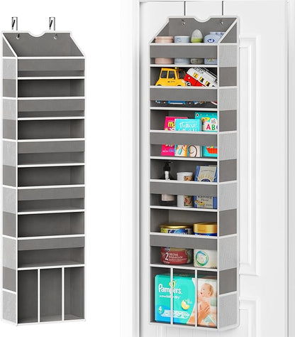 Over The Door Organizer Hanging - 6 Shelf Over Door Organizers with 6 Clear Front & 12 Side Pockets - Swing-proof 50LB Load Behind Door Storage for Closet Bedroom Bathroom Nursery Baby Essentials