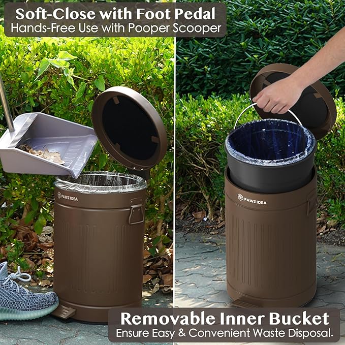 PAWZIDEA Dog Poop Trash Can Outside Odor Control, 3.1Gallon Pet Waste Trash Can Outdoor Waterproof, Dog Poop Container Bin Outdoor Garbage Can with Lid, 7.8in Activated Carbon Filter Pet Waste Station