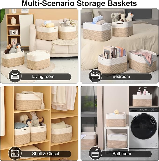 Storage Baskets for Organizing & Shelves, Woven Cotton Rope Organization Bins for Dog Toys, Clothes, Books, Nursery Organizer, 15" Lx11''Wx9.5''H, (4 Packs) Off White & Brown