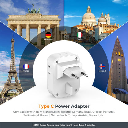 TESSAN European Travel Plug Adapter 2 Packs, Type C Europe Adaptor Foldable Plug 4 Outlets 3 USB(1 USB C PD 20W), US to Spain France Italy Germany Denmark Iceland European Travel Must Haves