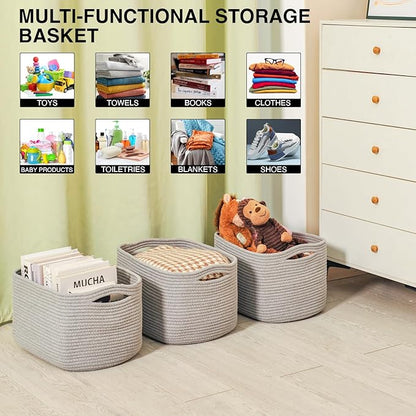 Storage Baskets for Organizing Shelves, Woven Cotton Rope Bins for Baby Nursery Organization, Book Toy Towel Organizer, 15"x11"x9.5", 3 Packs, Grey