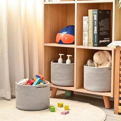 Small Storage Baskets for Organizing, Organizer Baskets for Shelves, Small Woven Basket for Storage, Cute Basket for Gifts Empty, Soft Cotton Rope Baskets, 9.7"×9.7"×7" (3 Packs) Grey
