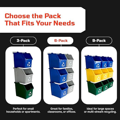 Multi Recycling Bin System with Three Stacking 6 Gallon Bins with Carrying Handles, Stackable and Compact for Offices, Homes, Garages, Businesses (Yellow, 6 Pack)