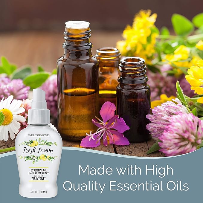 SMELLS BEGONE 4 oz Essential Oil Air Freshener Bathroom Spray - Eliminates Bathroom & Toilet Odors - Made with Essential Oils - Fresh Lemon Scent