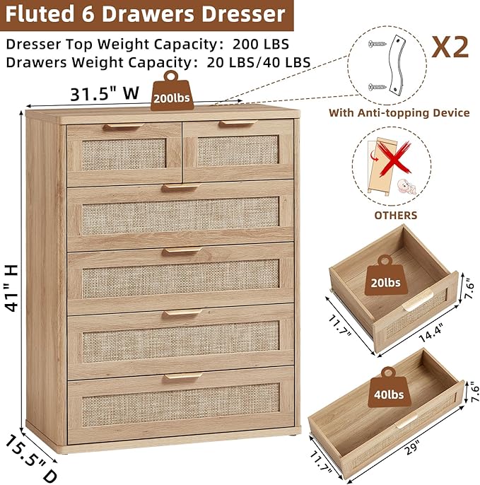 LEYAOYAO Rattan Dresser for Bedroom, 42" Tall Chest of Drawers, Modern 6 Drawers Boho Dressers with Storage, Light Oak Dresser Wooden Closet Organizer for Living Room, Hallway, Natural Wood