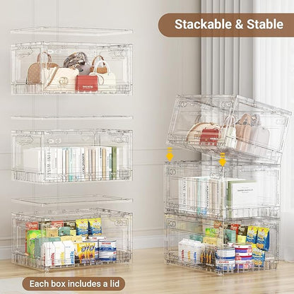 BROVIEW Clear Stackable Storage Bins Drawers, Open Front Large Plastic Storage Bins with Lids, Foldable Closet Organizers and Storage for Wardrobe Cabinets, Pantry, Makeup,5 Pack
