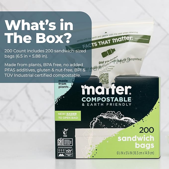 Matter Compostable Sandwich Bags for Food Storage, Eco-Friendly, Resealable, 200 Count