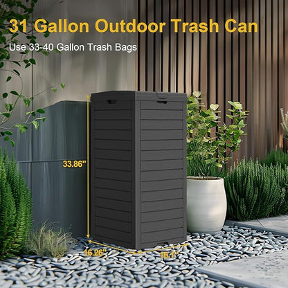 Outdoor Trash Can Waterproof Resin Garbage Bin, 31 Gallon with Tiered Lid and Drip Tray, for Patio, Backyard, Deck（Grey）, Gray