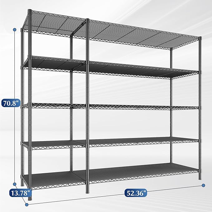 52.36" W Storage Shelves Metal Shelving Unit Load 1400LBS 5 Tier Wire Shelf for Storage Adjustable Garage Shelving Heavy Duty Shelves for Pantry Kitchen Garage, 52.36W x13.78Dx70.8H