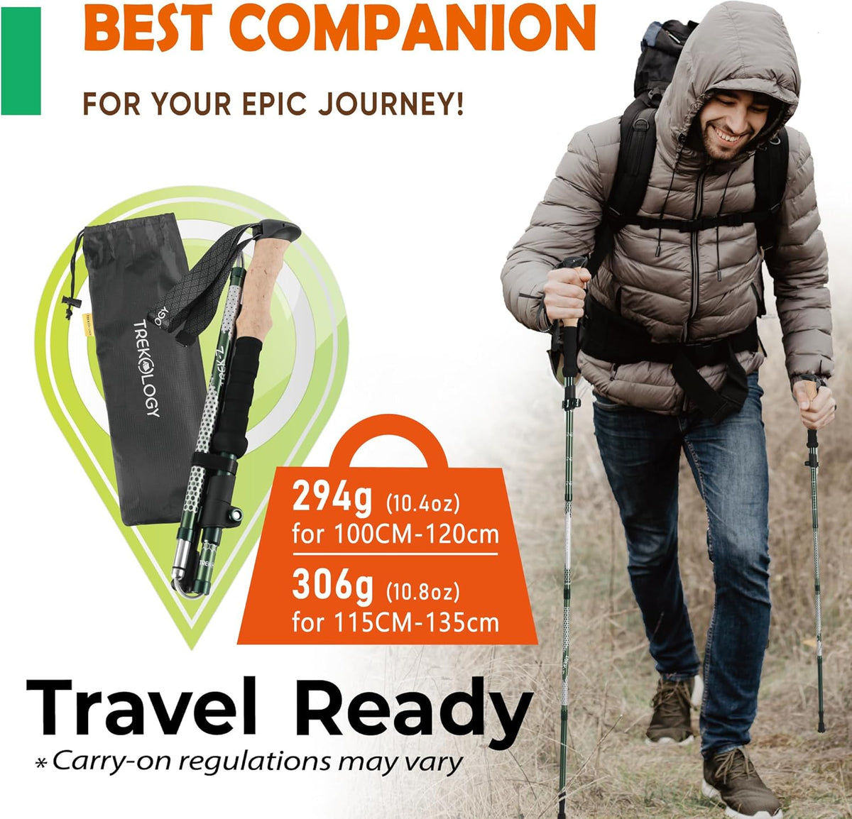 Trekology Trek-Z Collapsible Hiking & Trekking Poles - Balance Support for Seniors, Women, and Men, 2pc Per Set