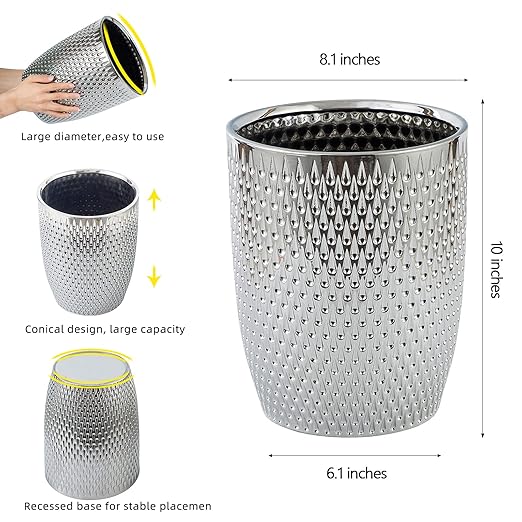 Modern Round Silver Small Trash Can Wastebasket, Garbage Container Bin for Bathrooms, Powder Rooms, Kitchens, Home Offices - Durable Ceramics - Round