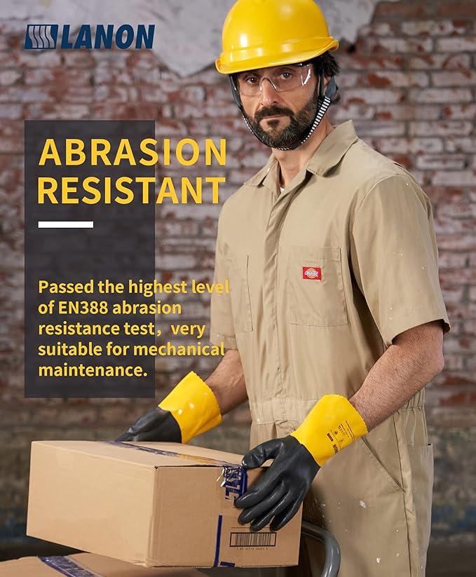 LANON 3 Pairs PVC Chemical Gloves, Thick Rubber Work Gloves, Heavy-Duty, EN 374/388, Acid, Alkali and Oil, Non-Slip, XL