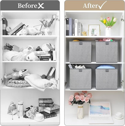 Storage Baskets, 11.8-Inch Woven Fabric Bins, Storage Cubes with Reinforced Handles, Organizer Bins for Closet Shelves, Foldable, for Toys, Clothes, Natural Beige (3PCS/Grey-11.8*11.8*11.8inch)