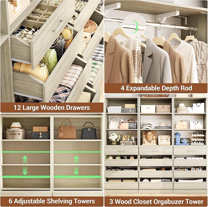 Aheaplus Closet System Set of 3, 138.5" Wood Closet Organizer System Tower with 12 Drawers & 4 Hanging Rods, 6.7+4.85Ft L Shaped Walk-in Closets Wardrobe Organizer Garment Rack with Shelves, White Oak