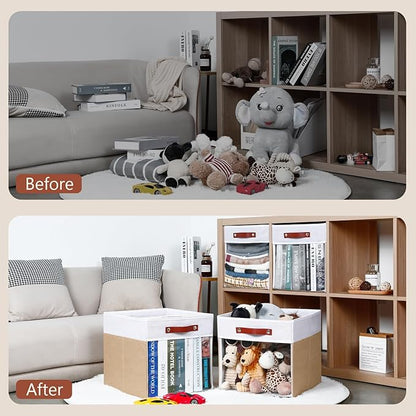 HNZIGE Fabirc Storage Cube Bins 13x13x15 Storage Cube Bins, 4 Pack Foldable Decorative Clear Cube Storage Bins for Cube Organizer Canvas Cubby Storage Organizer Bins for Shelves Pantry- White Beige