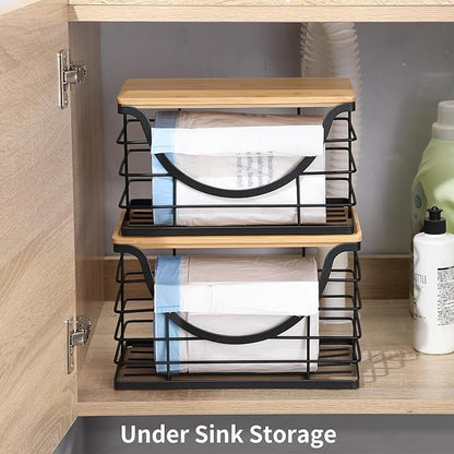 Extra Large Trash Bag Holder Under Sink 2 Pack Stackable Kitchen Storage with Bamboo Lid, Garbage Bag Dispenser Roll Holder, Pantry Organizers Wall Mounted Laundry Room Organization Storage