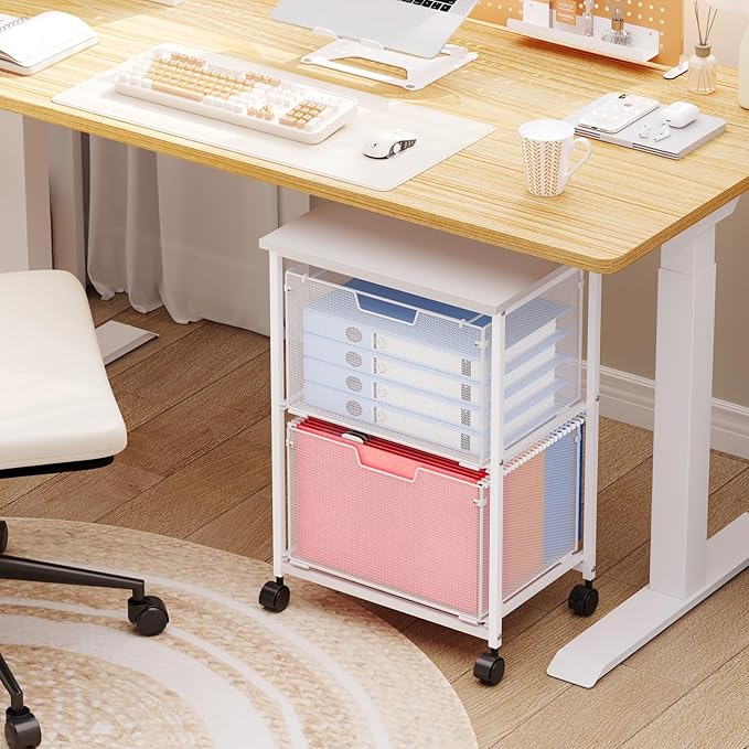 Letter/Legal Rolling File Cabinet, Rolling File Cart with 2 Drawers Filing Cabinet for Home Office, Hanging File Folders Organizer for Under Desk Storage, Mobile Printer Stand, White