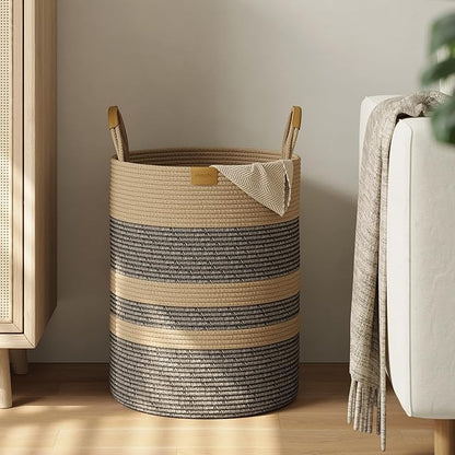62L Striped Laundry Hamper with Leather Handles,Large Foldable Laundry Basket for Clothes,Cotton Rope Storage Bin for Blankets,Woven Clothes Basket for Bedroom,Dark Brown Stripes