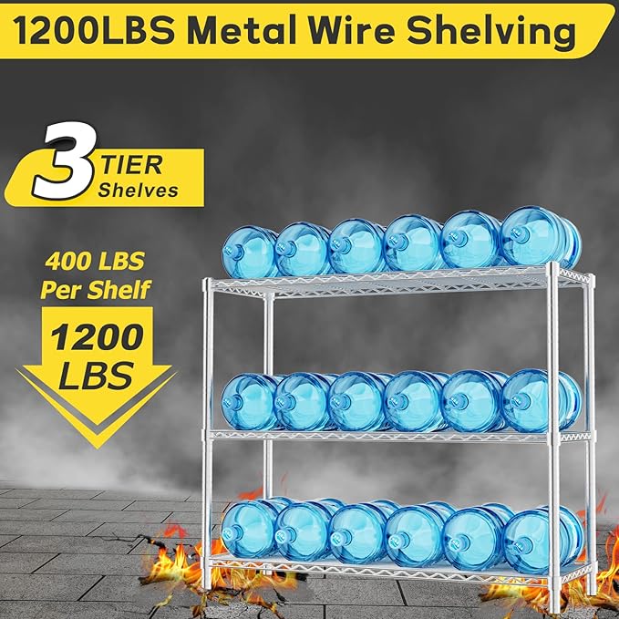 Storage Shelves, 48" L x 20" W x 47" H Heavy Duty Garage Wire Shelving Unit Loads 1200LBS, 3-Tier Adjustable Metal Industrial Utility Shelf Rack for Kitchen, Laundry Room, Basement