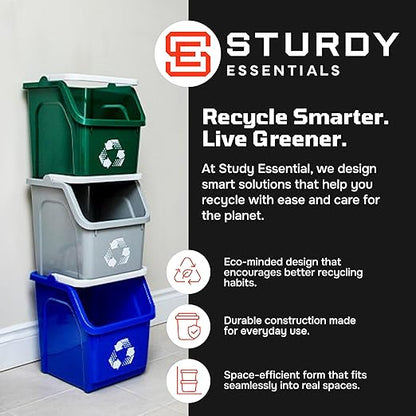 Multi Recycling Bin System with Three Stacking 6 Gallon Bins with Carrying Handles, Stackable and Compact for Offices, Homes, Garages, Businesses - (Yellow, 1 Pack)