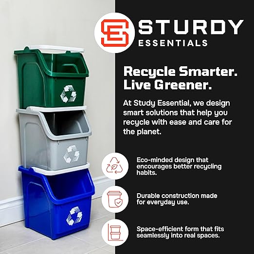 Multi Recycling Bin System with Three Stacking 6 Gallon Bins with Carrying Handles, Stackable and Compact for Offices, Homes, Garages, Businesses (Yellow, 6 Pack)