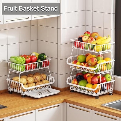 3-Tier Rolling Pantry Floor Organizer, Stackable Pantry Storage Cart with Wheels, Metal Wire Snack Baskets, Kitchen Fruit Basket Stand, Vegetable Storage Rack for Fruits Onions Potatoes Snacks, White