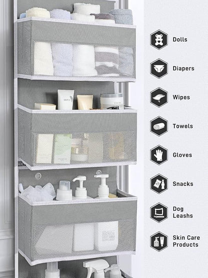 Yecaye 6-Tier Over the Door Storage Organizer, Flexible 1 Split into 2 Swing-proof Hanging Bathroom Storage Organization, Bedroom Organizer and Storage for Newborn Baby Essentials, Grey