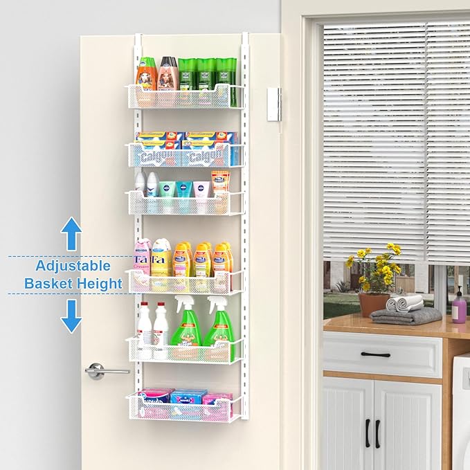 12.3" W Narrow Over the Door Pantry Organizer, 6-Tier Over the Door Organizer with Adjustable Basket, Pantry Door Organization for Pantry Kitchen Storage Room Spice Rack, White