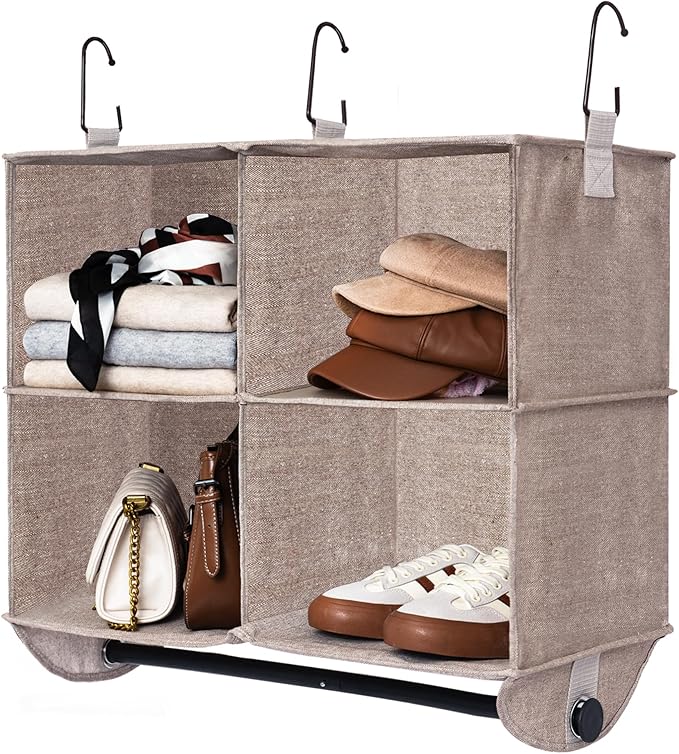 StorageWorks Hanging Closet Organizer with Metal Rod, 4-Section Closet Organizers and Storage, Collapsible Hanging Shelves for Baby Clothes, Shoes, Sweater Storage, Brown and Beige