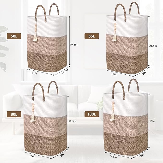 Woven Laundry Basket for Clothes,100 L Large Rectangle Laundry Hampers with Beads Tassel, Nursery Storage Basket for Toys, Tall Dirty Clothes Hamper for Bedroom Aesthetic, Laundry Room Organization