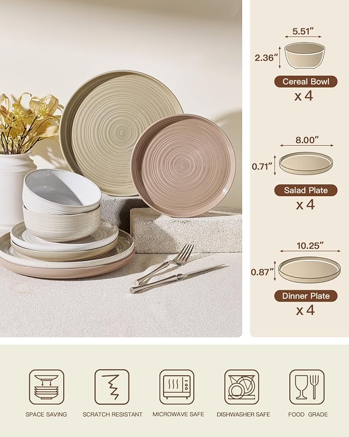 Stoneware Dinnerware Set for 4, Plates & Bowls, Chip & Scratch Resistant