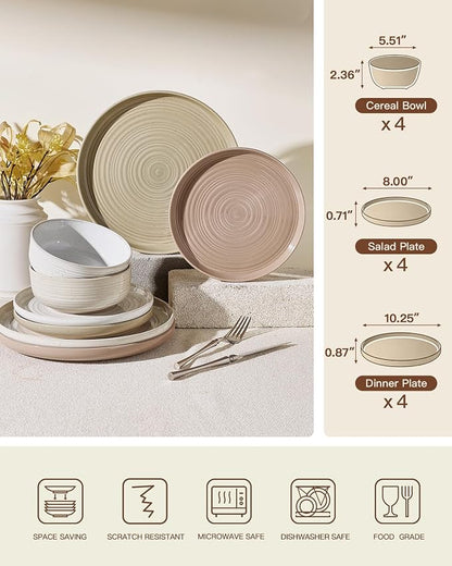 Stoneware Dinnerware Set for 4, Plates & Bowls, Chip & Scratch Resistant