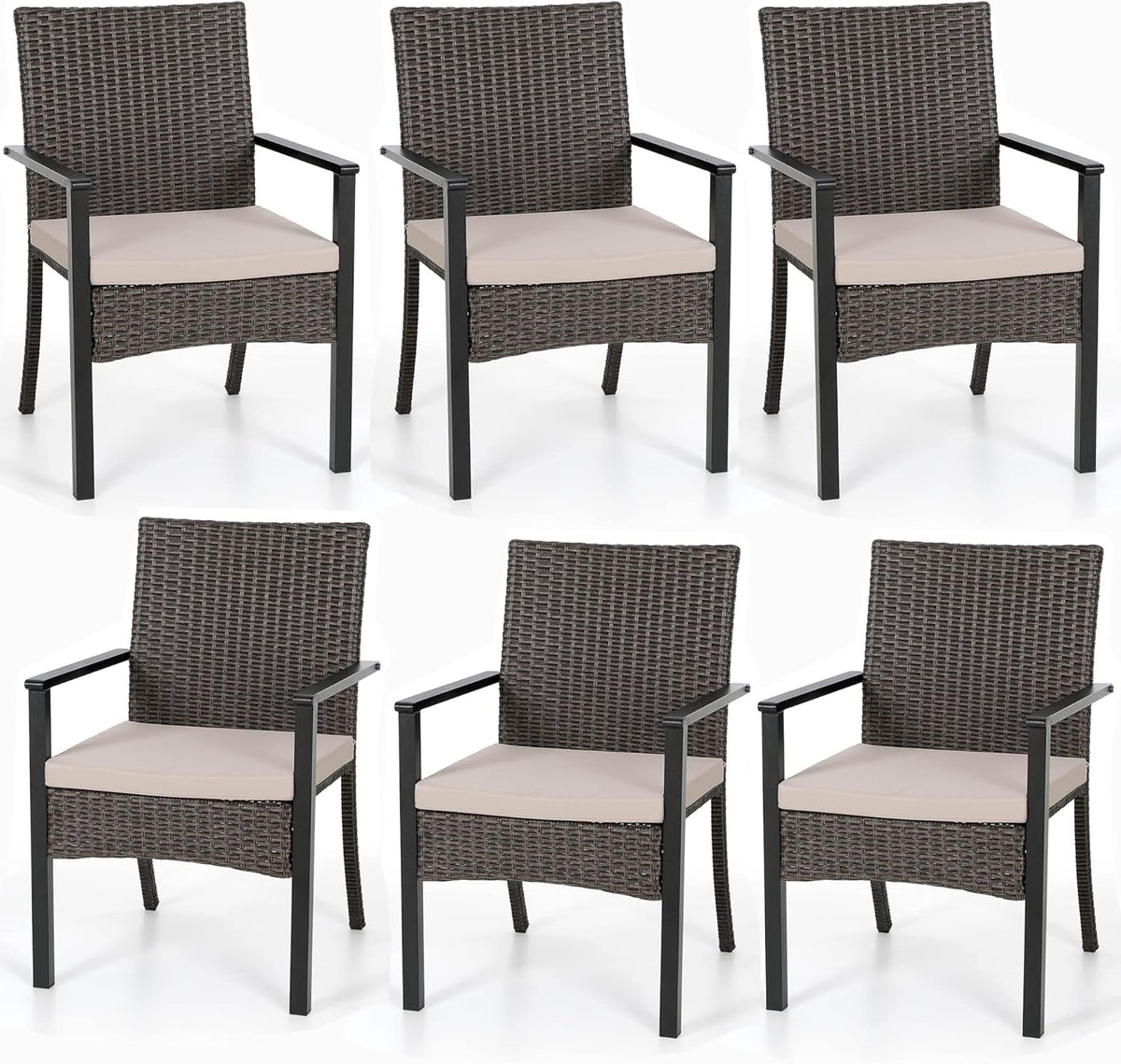 PHI VILLA Outdoor Wicker Chairs Set of 6, Rattan Covered Metal Armchairs with Removable Cushion, Heavy Duty Furniture Set for Patio, Deck, Porch, Yard