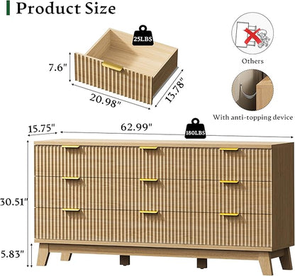 Fluted Dresser with 9 Drawers, 63" Wide Modern Chest of Drawers with Metal Handle, Wooden Dresser TV Stand, Wood Closet Clothes Storage Organizer for Bedroom, Living Room, Hallway, Natural Oak