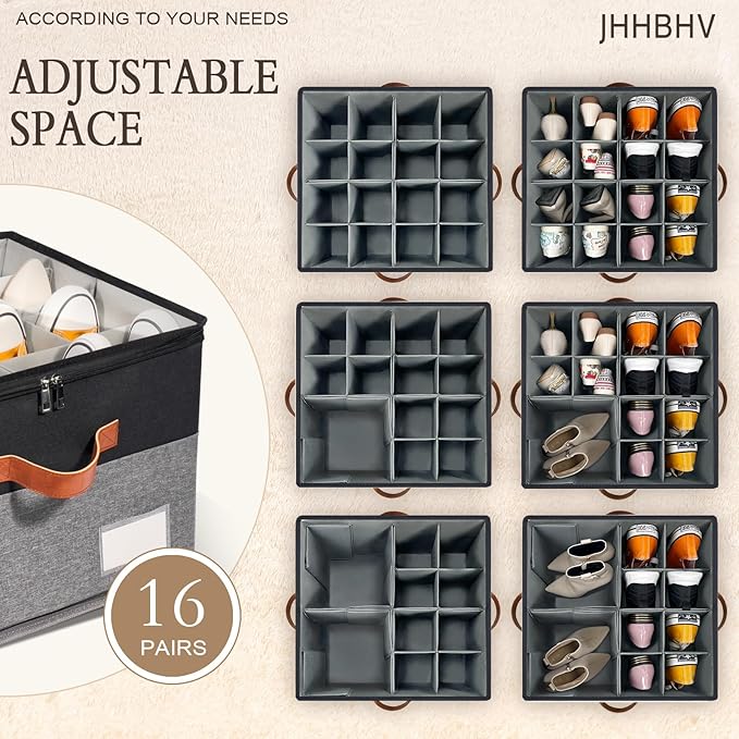 1 Pack Shoe Organizer for Closet, Adjustable Shoe Box Storage Containers, Large Foldable Shoe Bins with Clear Cover, Space Saving Shoes Holder with 4 Handles, Fits 8-16 Pairs, Black