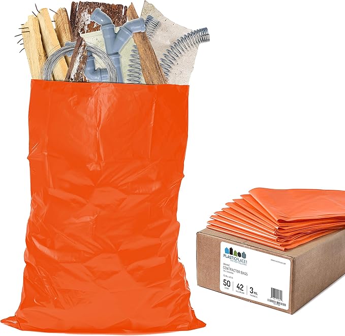 Plasticplace 42 Gallon Trash Bags |3.0 Mil | Orange Heavy Duty Contractor Trash Bags | 33" x 48", 50 Count (Pack of 1)