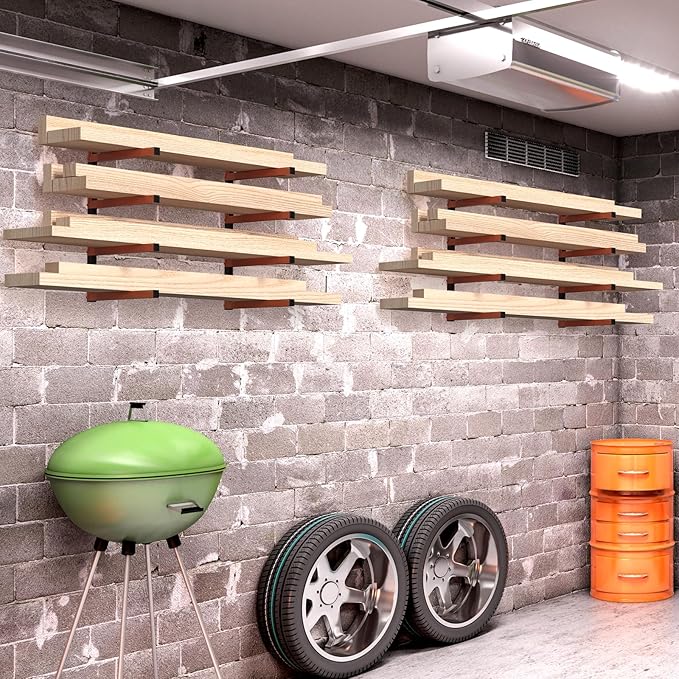 NANANARDOSO Wall Mount Wood Organizer and Lumber Storage,Heavy Duty Metal Shelf with 4-Level,Lumber Metal Racks for Indoor and Outdoor Use,4 Pack