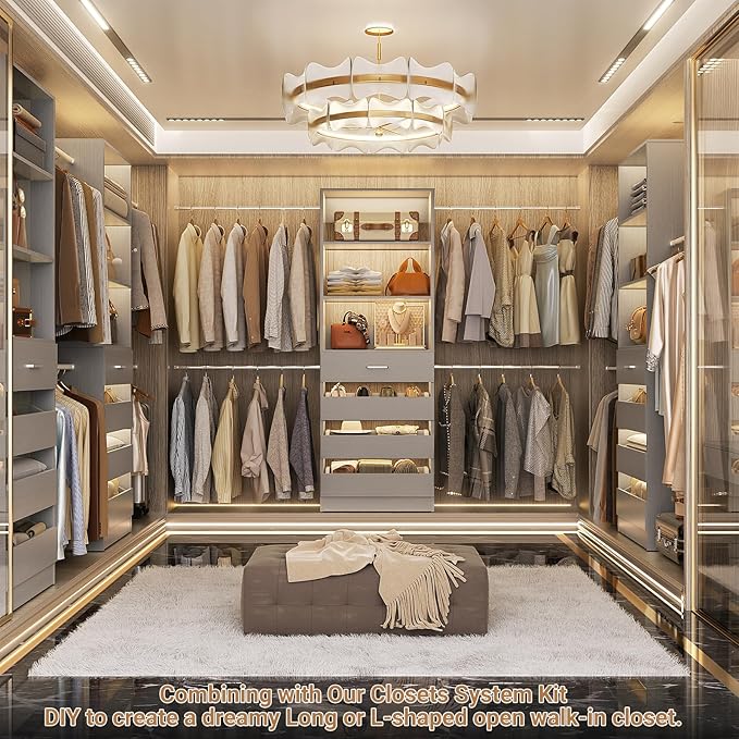 Aheaplus Closet System, 4-9Ft Closet Organizer with 4 Wooden Drawers, Wood Closet Organizer System with Tower, Walk-in Closet Organizer Wardrobe Garment Clothes Rack with 4 Hanging Rods, Grey