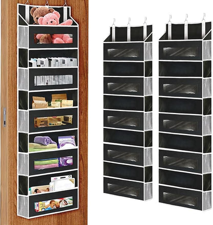 2 Packs 5-Tier Over the Door Storage Organizer with 10 Side Mesh Pockets, 48 lbs Load Capacity, 3 Hooks Design, Hanging Organizer with Clear Windows for Bathroom, Bedroom, Nursery, Kitchen-Black