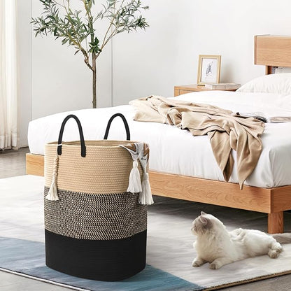 Woven Laundry Basket for Clothes, 80 L Large Rectangle Laundry Hampers with Beads Tassel, Nursery Storage Basket for Toys, Tall Dirty Clothes Hamper for Bedroom Aesthetic, Laundry Room Organization