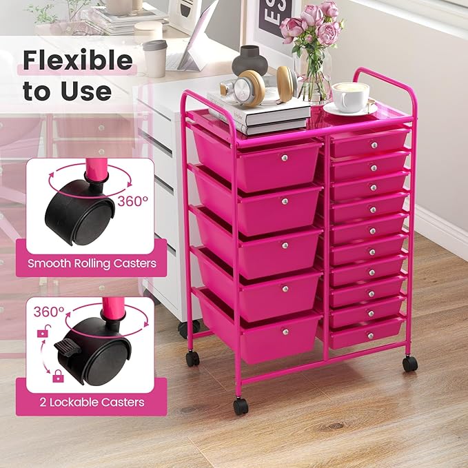 GOFLAME 15-Drawer Rolling Storage Cart, Multipurpose Movable Organizer Cart, Utility Cart for Home, Office, School, Hot Pink