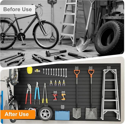 DoCred Slatwall Paneling Organizer, 4x2 FT PVC Garage Slat Wall Storage Systems, Heavy Duty Mounted Slat Peg Board for Tool Organization Ladder Bike Includes 20 PCS Hooks Accessories Kit (Black)