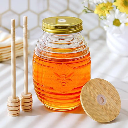 Kate Aspen 24oz. Bee Hive Shaped Honey Glass Mason Jar with Two Wooden Honey Dippers, Bamboo & Metal Lid, Kitchen Decor, Bumblebee Baby Shower Prize, Take Home Gift, Bee Decorations