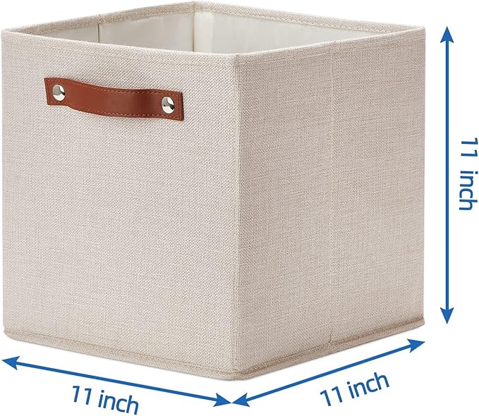 Temary 11x11 Storage Cubes Fabric Storage Cubes Storage Bins with Dual Leather Handles Canvas Storage Boxes for Organizing Home, Shelf, Closet (Beige, 11 x 11 x 11)
