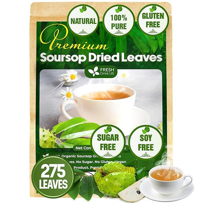 FreshDrinkUS, Premium 275+ Soursop Graviola Whole Dried Leaves Tea, 275-300 Soursop Graviola Guanabana Whole Leaves, Wildcrafted, Hoja Guanabana Loose Leaf Herbal Tea, No Gluten, Vegan